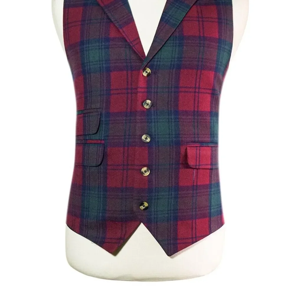 Mens 46R Plaid Wool Waistcoat Red Navy Green Tartan Vest Classic Formal Wedding